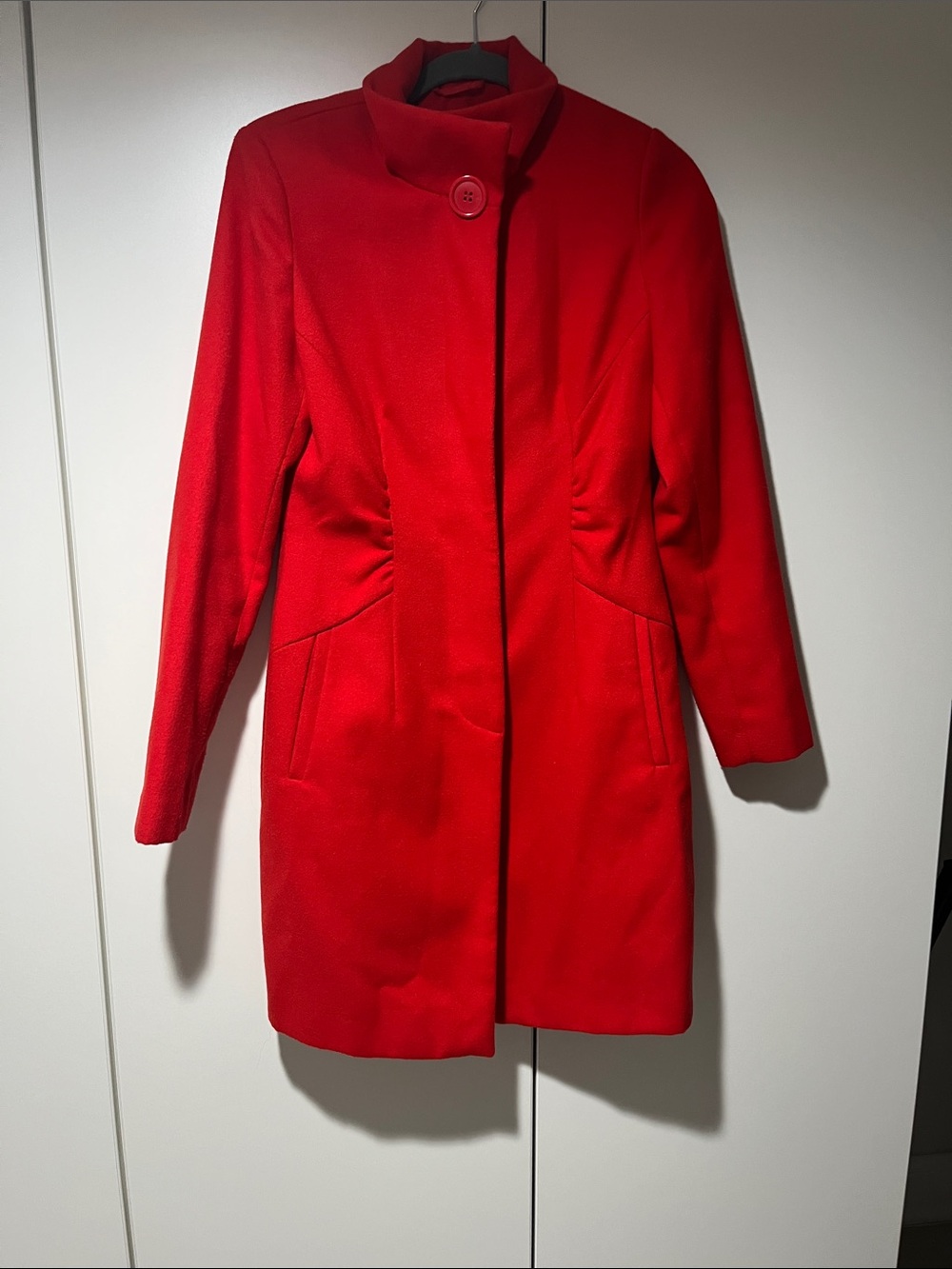 New York & Company Vibrant Red Button-Front Trench Coat